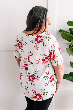 Ivory & Pink Floral Blouse With Button Sleeve Detail