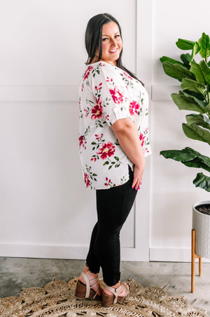 Ivory & Pink Floral Blouse With Button Sleeve Detail