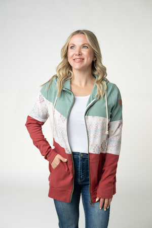 PREBOOK Colorblock Fullzip - Dusty Jade, Desert Geometric, and Raspberry