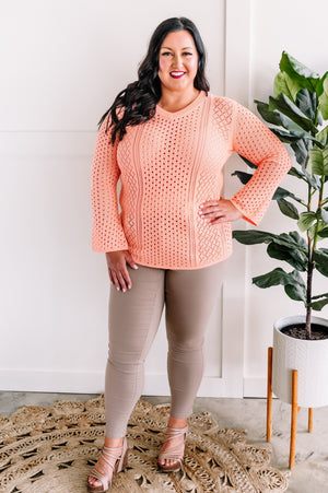 Open Knit Crochet Sweater In Peach