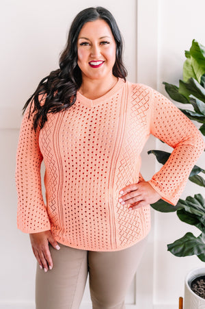 Open Knit Crochet Sweater In Peach