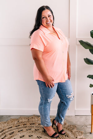 Soft Button Down Top In Neon Coral