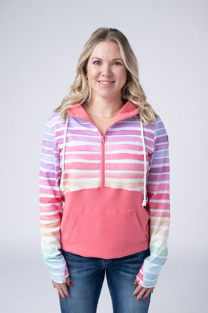 Classic Halfzip Hoodie - Rainbow Stripes and Sun Kissed Coral by Michelle Mae