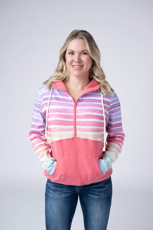 Classic Halfzip Hoodie - Rainbow Stripes and Sun Kissed Coral by Michelle Mae