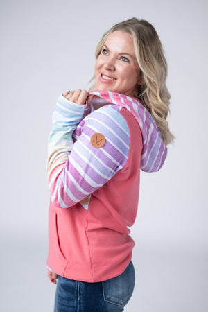 Classic Halfzip Hoodie - Rainbow Stripes and Sun Kissed Coral by Michelle Mae