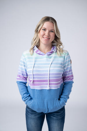 Hailey Pullover Hoodie - Rainbow Stripes and Blue by Michelle Mae