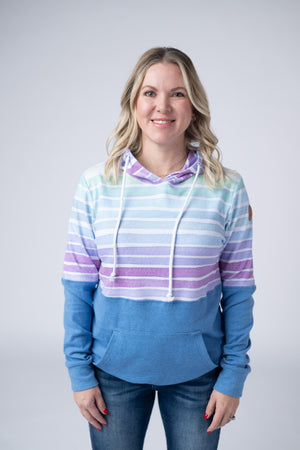 Hailey Pullover Hoodie - Rainbow Stripes and Blue by Michelle Mae