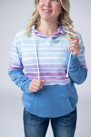 Hailey Pullover Hoodie - Rainbow Stripes and Blue by Michelle Mae
