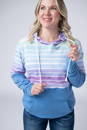 Hailey Pullover Hoodie - Rainbow Stripes and Blue by Michelle Mae