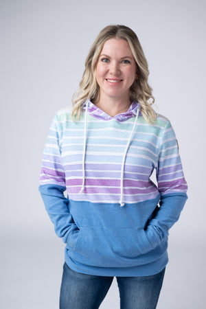 Hailey Pullover Hoodie - Rainbow Stripes and Blue by Michelle Mae