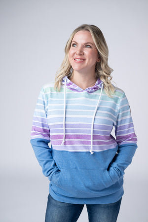 Hailey Pullover Hoodie - Rainbow Stripes and Blue by Michelle Mae