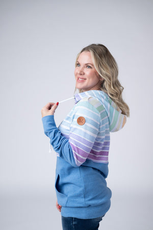 Hailey Pullover Hoodie - Rainbow Stripes and Blue by Michelle Mae