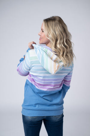 Hailey Pullover Hoodie - Rainbow Stripes and Blue by Michelle Mae