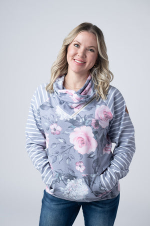 Classic Zoey ZipCowl Sweatshirt - Grey Floral and Stripes by Michelle Mae