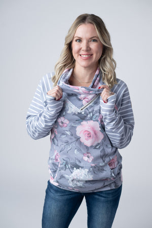 Classic Zoey ZipCowl Sweatshirt - Grey Floral and Stripes by Michelle Mae