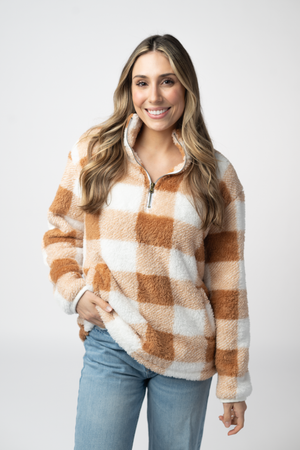 PREBOOK Sherpa Plaid Pullover - Camel