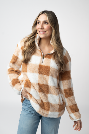 PREBOOK Sherpa Plaid Pullover - Camel