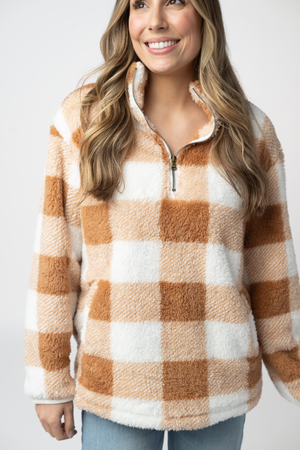 PREBOOK Sherpa Plaid Pullover - Camel