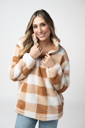 PREBOOK Sherpa Plaid Pullover - Camel