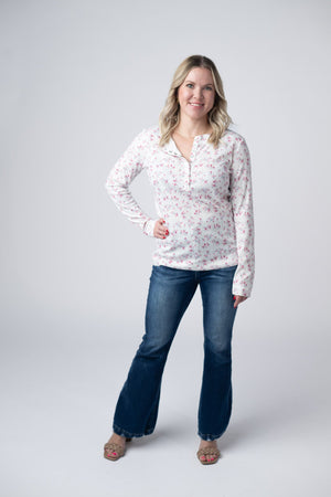 Button Snap Henley Top - Micro Pink Floral by Michelle Mae