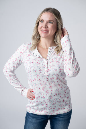 Button Snap Henley Top - Micro Pink Floral by Michelle Mae
