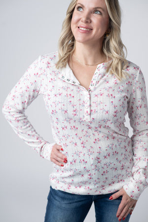 Button Snap Henley Top - Micro Pink Floral by Michelle Mae
