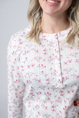 Button Snap Henley Top - Micro Pink Floral by Michelle Mae