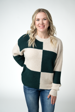 PREBOOK Checkered Block Sweater - Cream and Evergreen