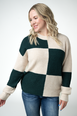 PREBOOK Checkered Block Sweater - Cream and Evergreen