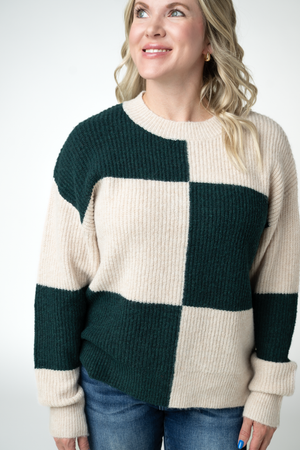PREBOOK Checkered Block Sweater - Cream and Evergreen