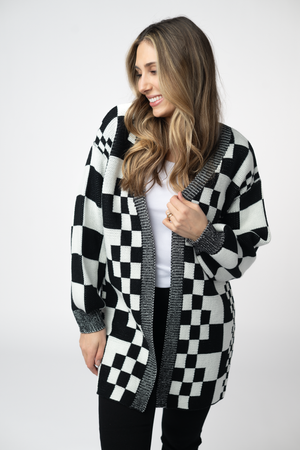 Long Checkered Pocket Cardigan - Black and White by Michelle Mae