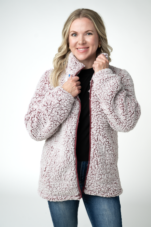 PREBOOK Two Tone Fullzip Sherpa - Cranberry and White