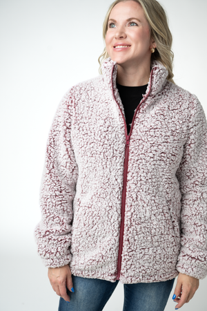 PREBOOK Two Tone Fullzip Sherpa - Cranberry and White