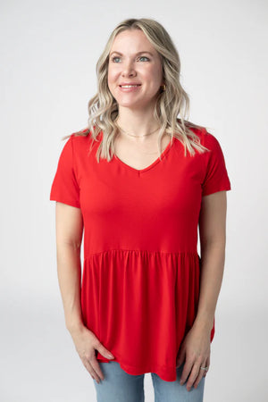 Sarah Babydoll V Neck Ruffle Short Sleeve - Red by Michelle Mae