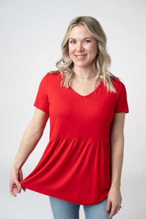 Sarah Babydoll V Neck Ruffle Short Sleeve - Red by Michelle Mae