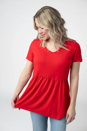Sarah Babydoll V Neck Ruffle Short Sleeve - Red by Michelle Mae