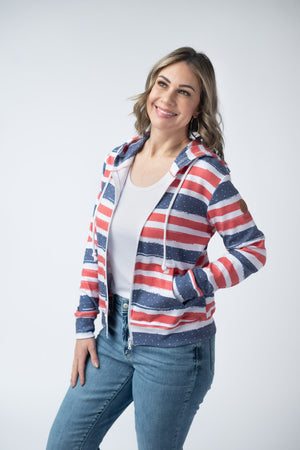 Fullzip Hoodie - Striped Red, White, and Micro Blue Stars by Michelle Mae
