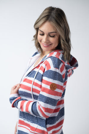 Fullzip Hoodie - Striped Red, White, and Micro Blue Stars by Michelle Mae