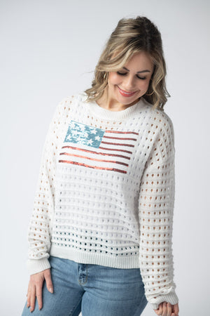 USA Sequin Flag Open Knit Pullover by Michelle Mae