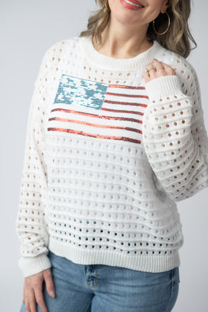 USA Sequin Flag Open Knit Pullover by Michelle Mae