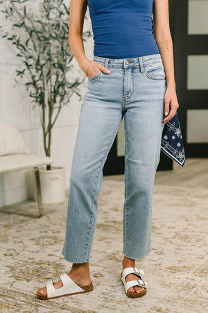 Judy Blue Mid Rise Ankle Straight w Bandana Loop Raw Hem Jeans