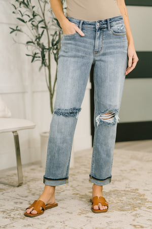Judy Blue Mid Rise Distressed Boyfriend Jeans with Cuff
