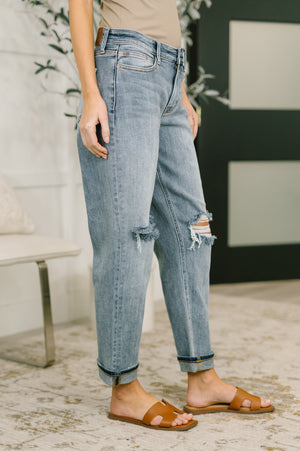 Judy Blue Mid Rise Distressed Boyfriend Jeans with Cuff