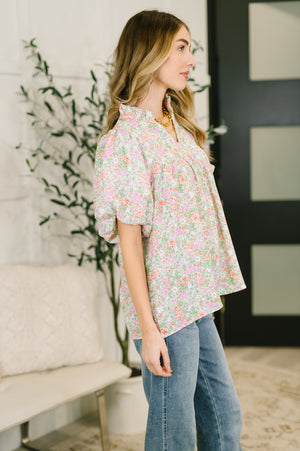 Flower Picking Notch Neck Blouse