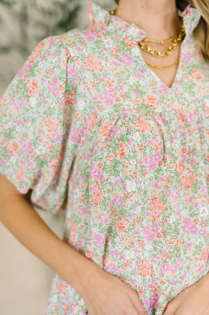 Flower Picking Notch Neck Blouse