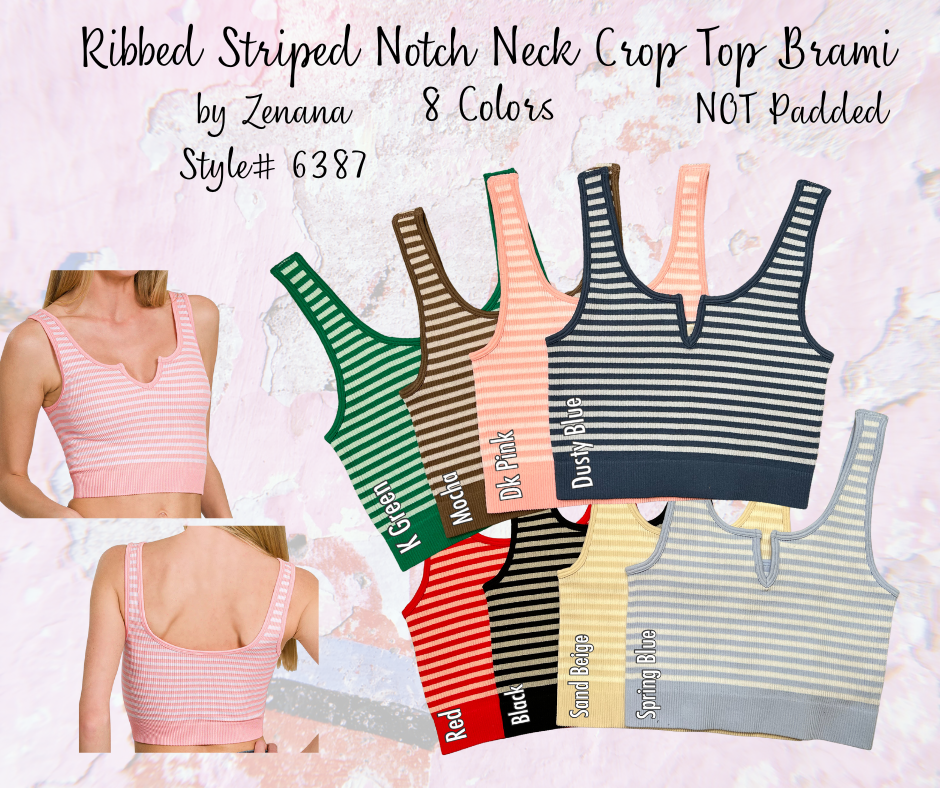 Ribbed Striped Notch Neckline Crop Top Bralette Brami Tank by Zenana - 8 colors