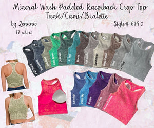 Ribbed Racerback Mineral Washed Crop Tank Top Bralette with pads 6190 by Zenana