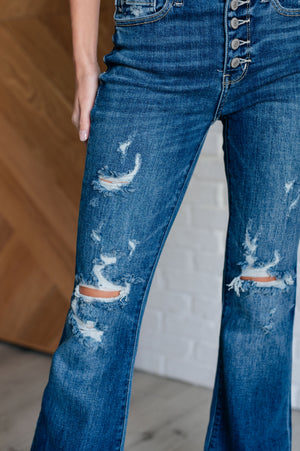 Judy Blue Mid Rise Distressed Button Fly Trouser Flare Jeans