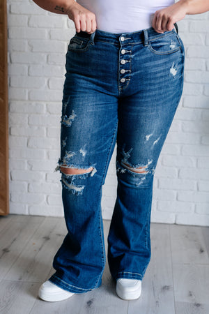 Judy Blue Mid Rise Distressed Button Fly Trouser Flare Jeans