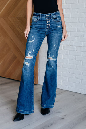 Judy Blue Mid Rise Distressed Button Fly Trouser Flare Jeans